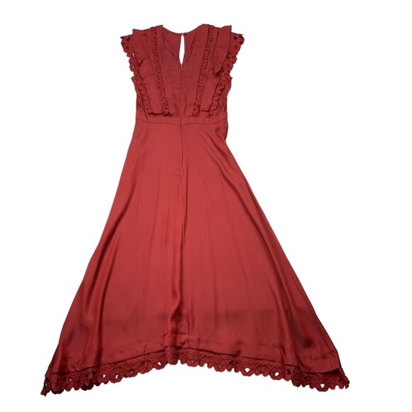 Rebecca Taylor Sleeveless Embroidered Dress 4 Brick Silk Ruffles Midi Western - Picture 11 of 12